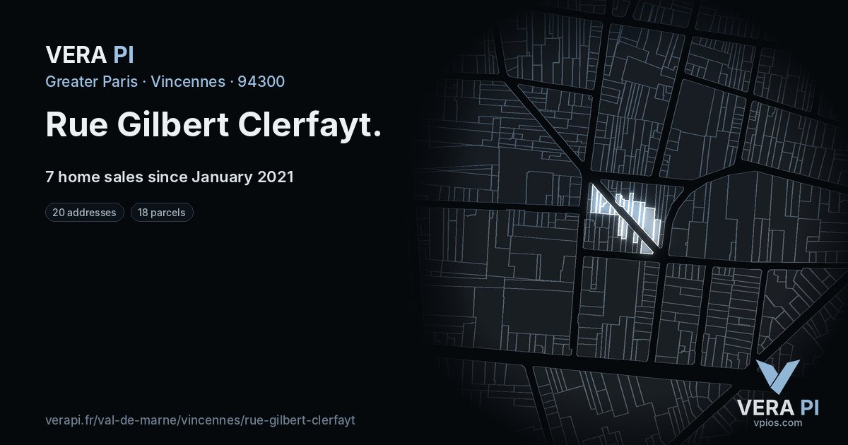 Rue Gilbert Clerfayt, Vincennes at night – every parcel coloured by the prices around it, the street's own parcels lit
