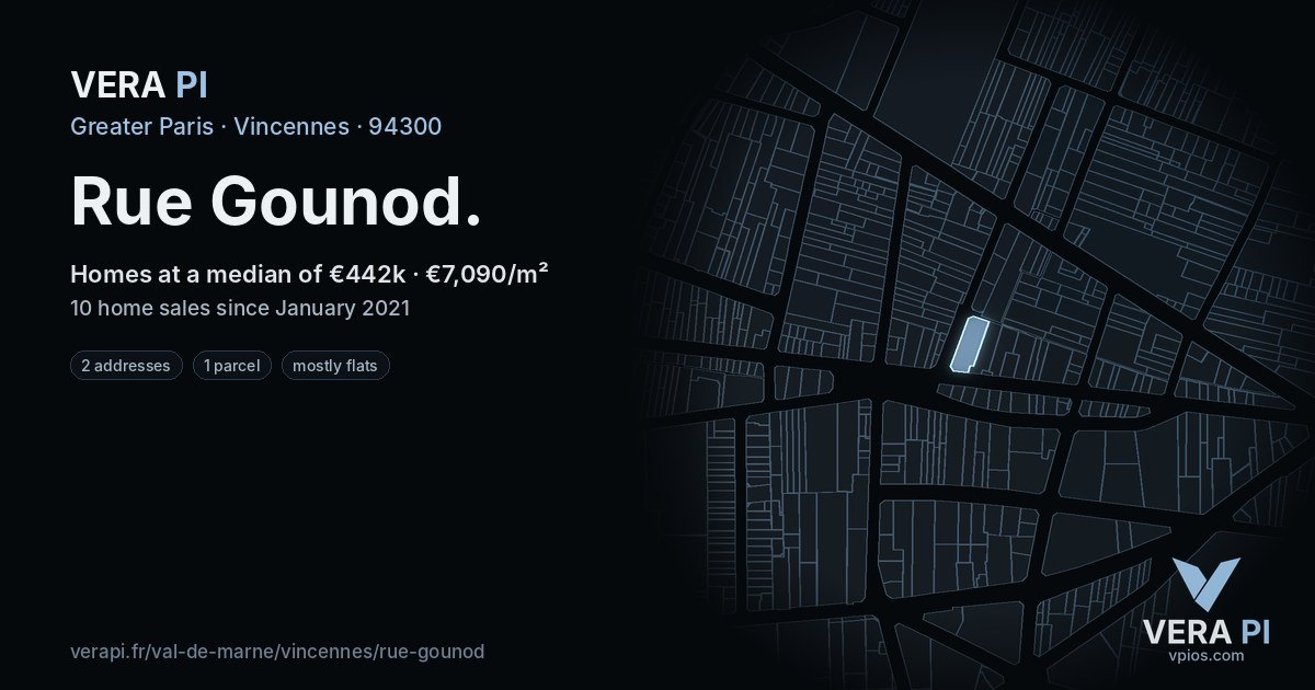 Rue Gounod, Vincennes at night – every parcel coloured by the prices around it, the street's own parcels lit