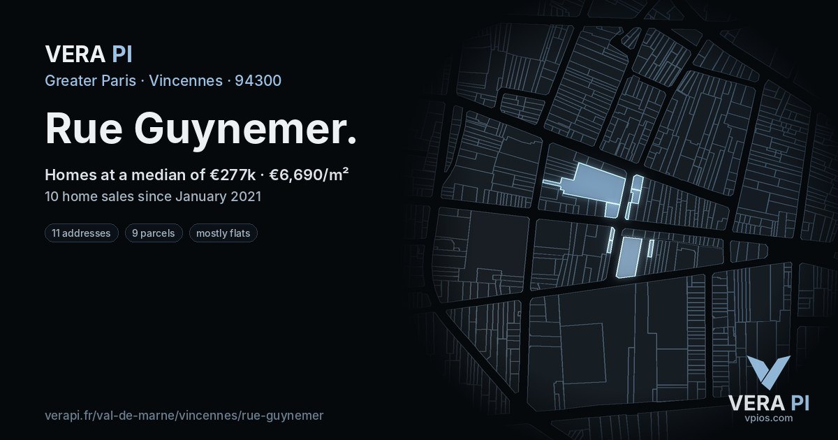 Rue Guynemer, Vincennes at night – every parcel coloured by the prices around it, the street's own parcels lit