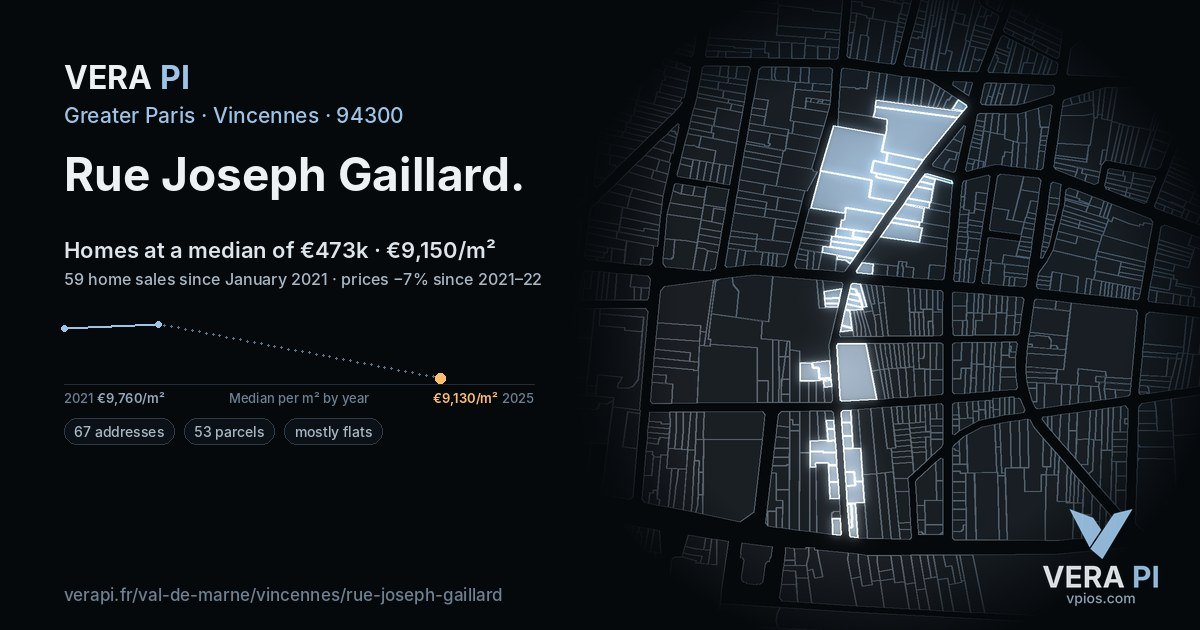 Rue Joseph Gaillard, Vincennes at night – every parcel coloured by the prices around it, the street's own parcels lit