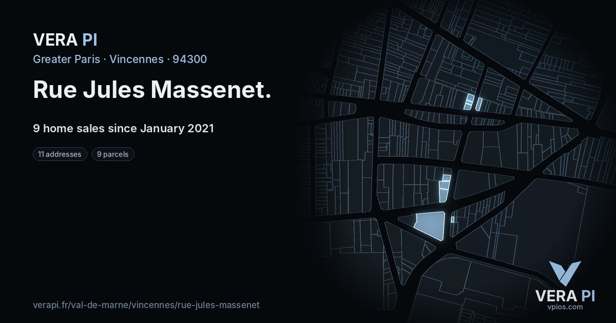 Rue Jules Massenet, Vincennes at night – every parcel coloured by the prices around it, the street's own parcels lit