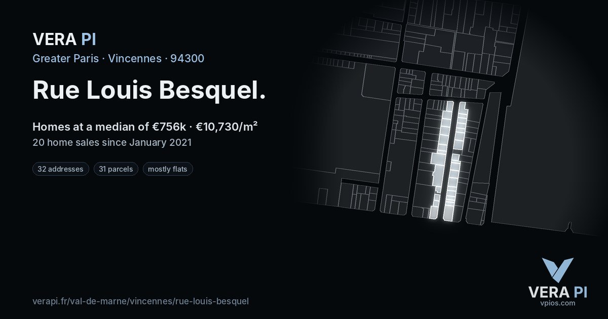 Rue Louis Besquel, Vincennes at night – every parcel coloured by the prices around it, the street's own parcels lit