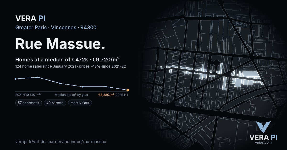Rue Massue, Vincennes at night – every parcel coloured by the prices around it, the street's own parcels lit