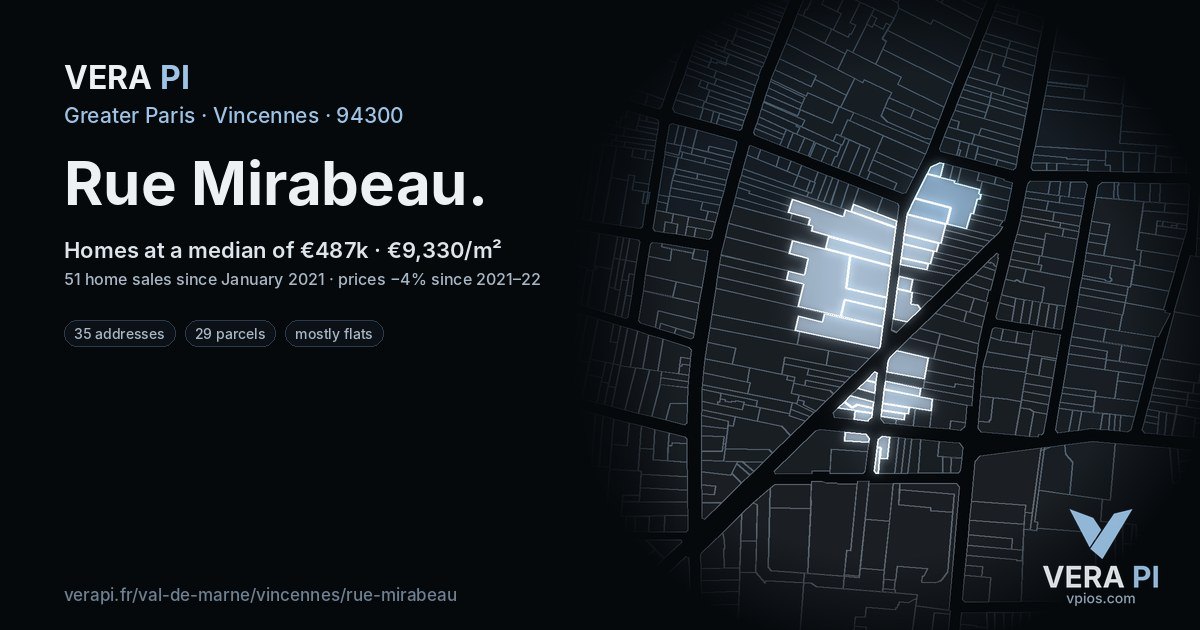 Rue Mirabeau, Vincennes at night – every parcel coloured by the prices around it, the street's own parcels lit