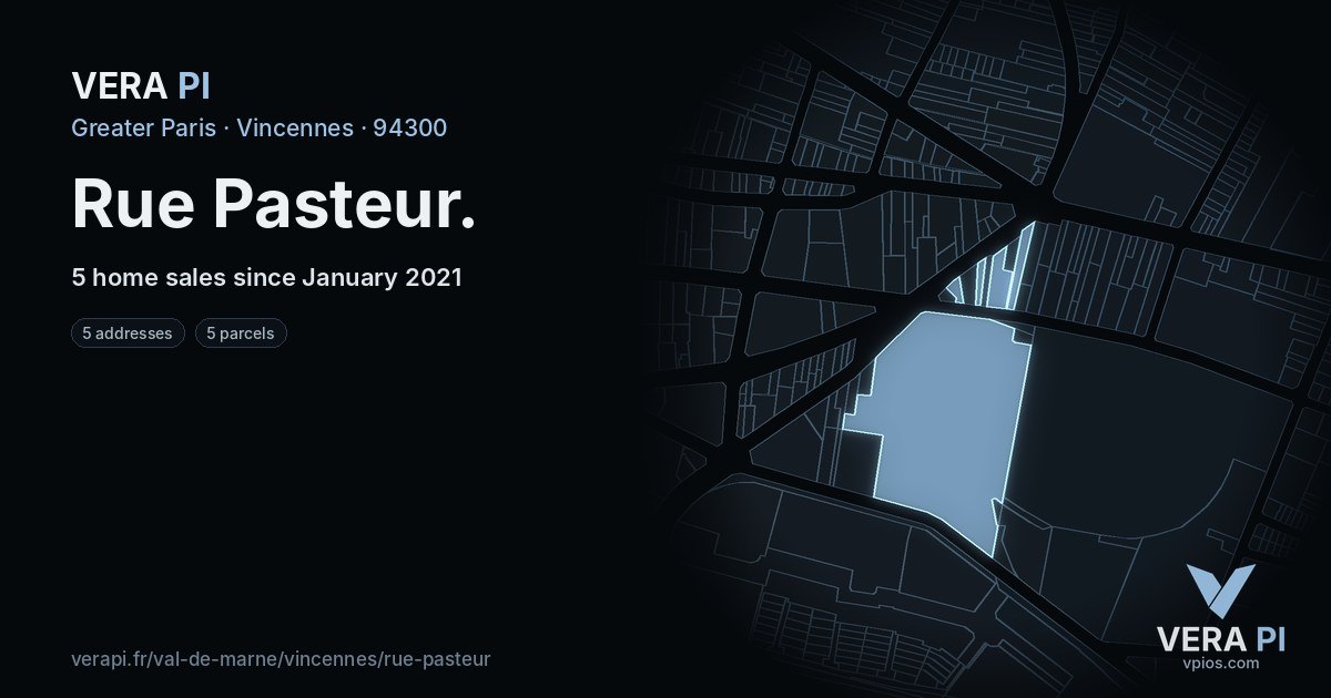 Rue Pasteur, Vincennes at night – every parcel coloured by the prices around it, the street's own parcels lit