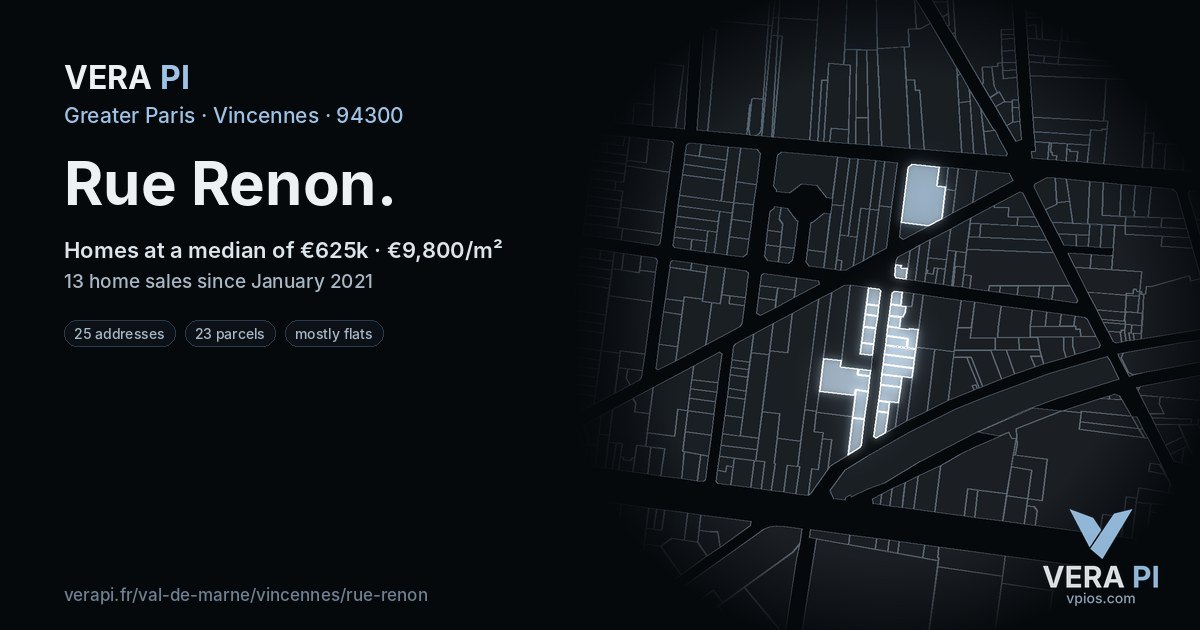 Rue Renon, Vincennes at night – every parcel coloured by the prices around it, the street's own parcels lit