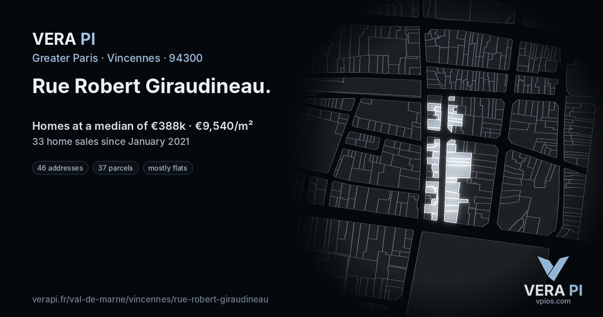 Rue Robert Giraudineau, Vincennes at night – every parcel coloured by the prices around it, the street's own parcels lit