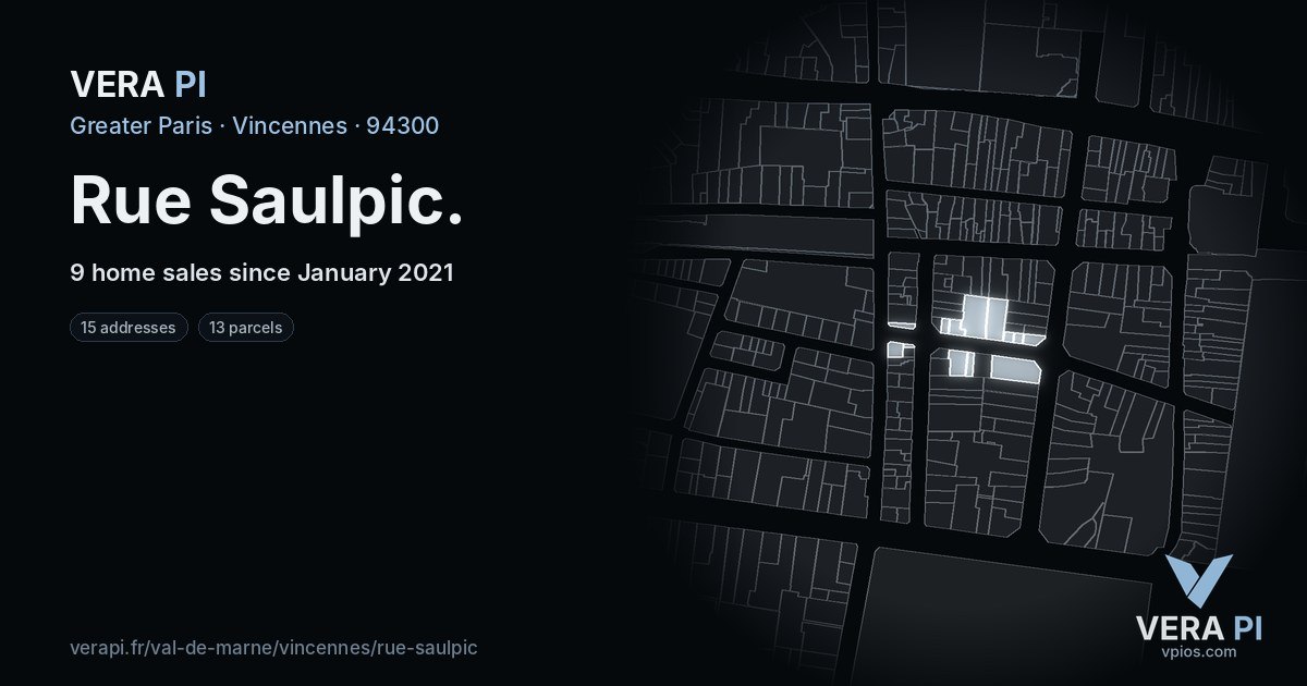 Rue Saulpic, Vincennes at night – every parcel coloured by the prices around it, the street's own parcels lit