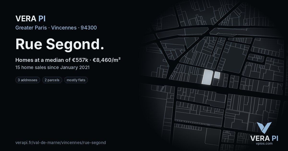 Rue Segond, Vincennes at night – every parcel coloured by the prices around it, the street's own parcels lit
