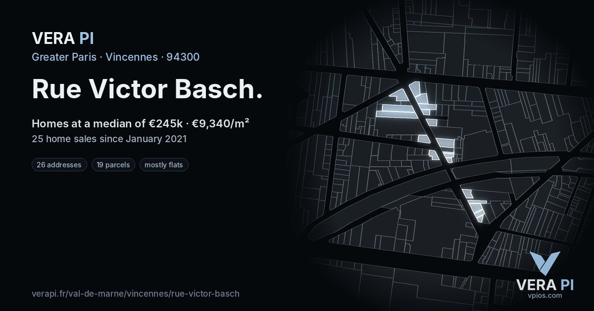 Rue Victor Basch, Vincennes at night – every parcel coloured by the prices around it, the street's own parcels lit