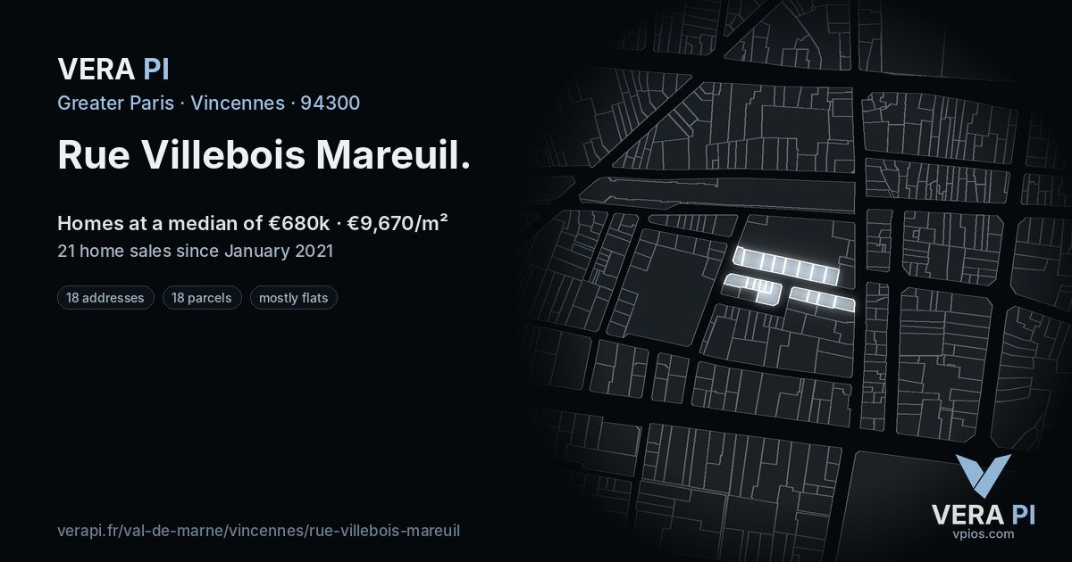 Rue Villebois Mareuil, Vincennes at night – every parcel coloured by the prices around it, the street's own parcels lit