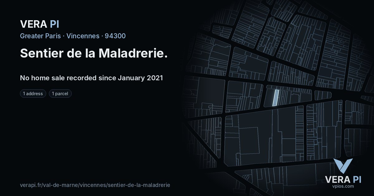 Sentier de la Maladrerie, Vincennes at night – every parcel coloured by the prices around it, the street's own parcels lit