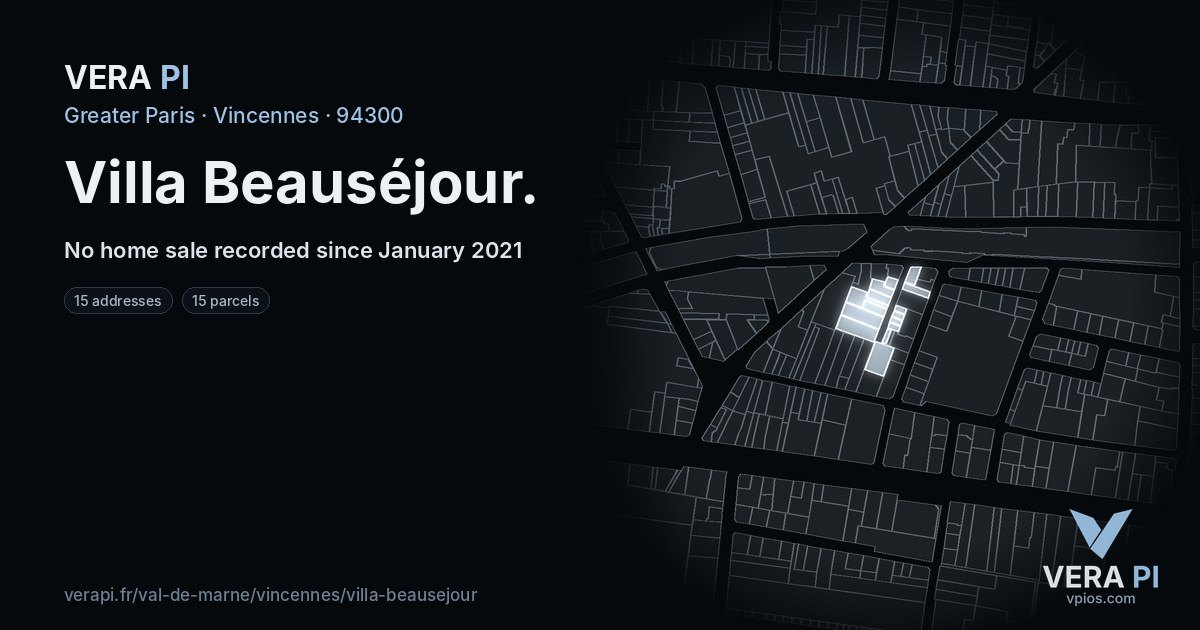Villa Beauséjour, Vincennes at night – every parcel coloured by the prices around it, the street's own parcels lit