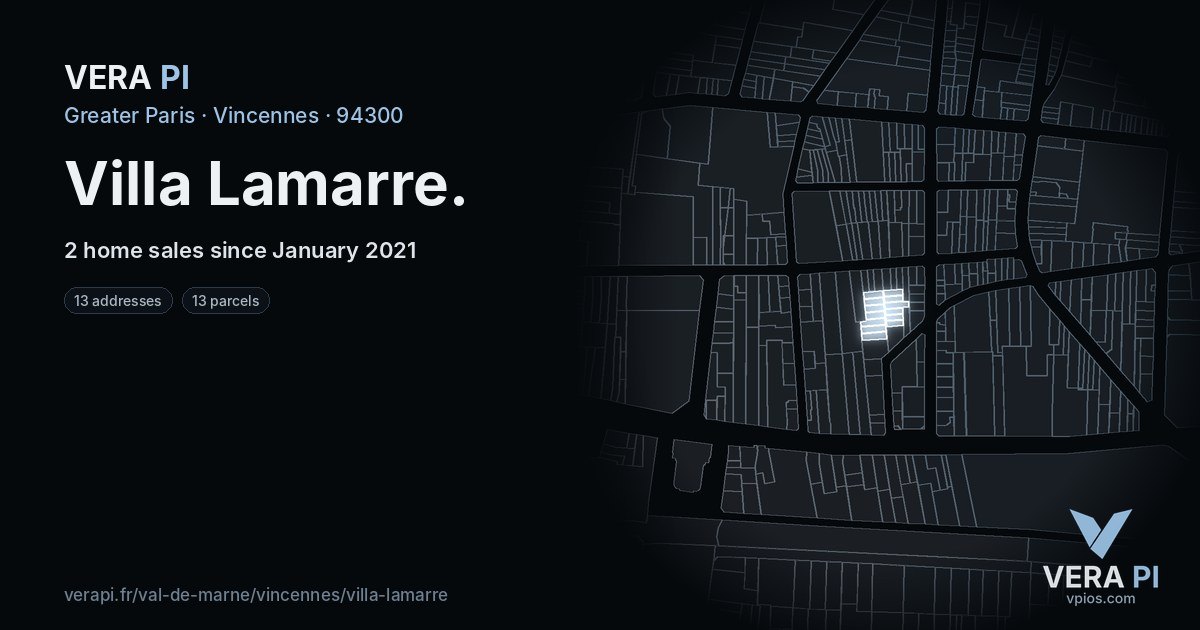 Villa Lamarre, Vincennes at night – every parcel coloured by the prices around it, the street's own parcels lit