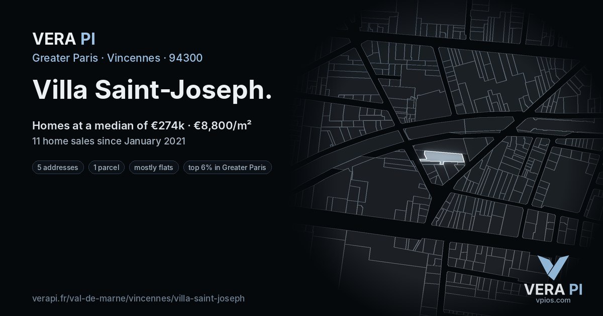 Villa Saint-Joseph, Vincennes at night – every parcel coloured by the prices around it, the street's own parcels lit