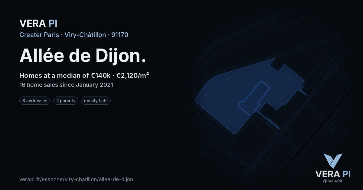 Allée de Dijon, Viry-Châtillon at night – every parcel coloured by the prices around it, the street's own parcels lit