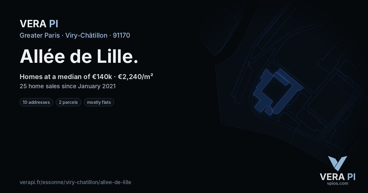 Allée de Lille, Viry-Châtillon at night – every parcel coloured by the prices around it, the street's own parcels lit