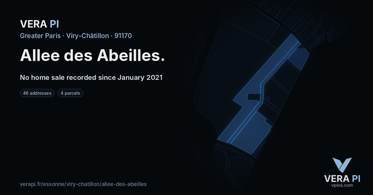 Allee des Abeilles, Viry-Châtillon at night – every parcel coloured by the prices around it, the street's own parcels lit