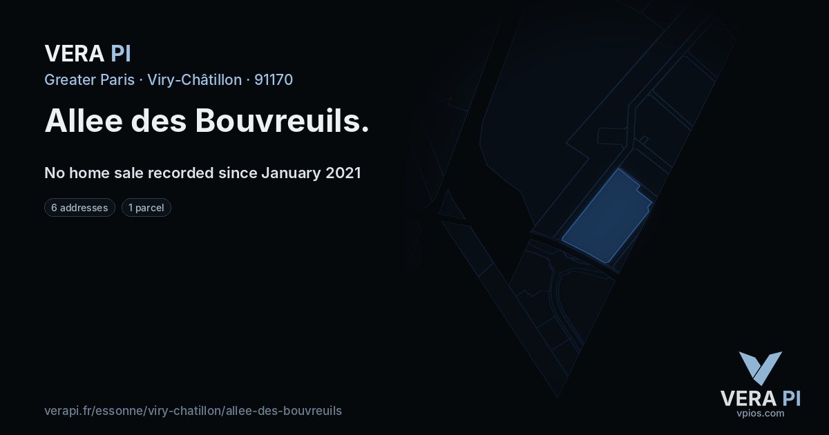 Allee des Bouvreuils, Viry-Châtillon at night – every parcel coloured by the prices around it, the street's own parcels lit