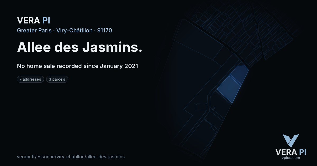 Allee des Jasmins, Viry-Châtillon at night – every parcel coloured by the prices around it, the street's own parcels lit