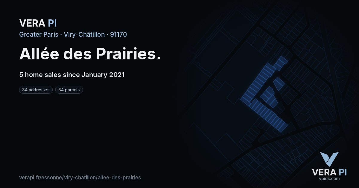 Allée des Prairies, Viry-Châtillon at night – every parcel coloured by the prices around it, the street's own parcels lit