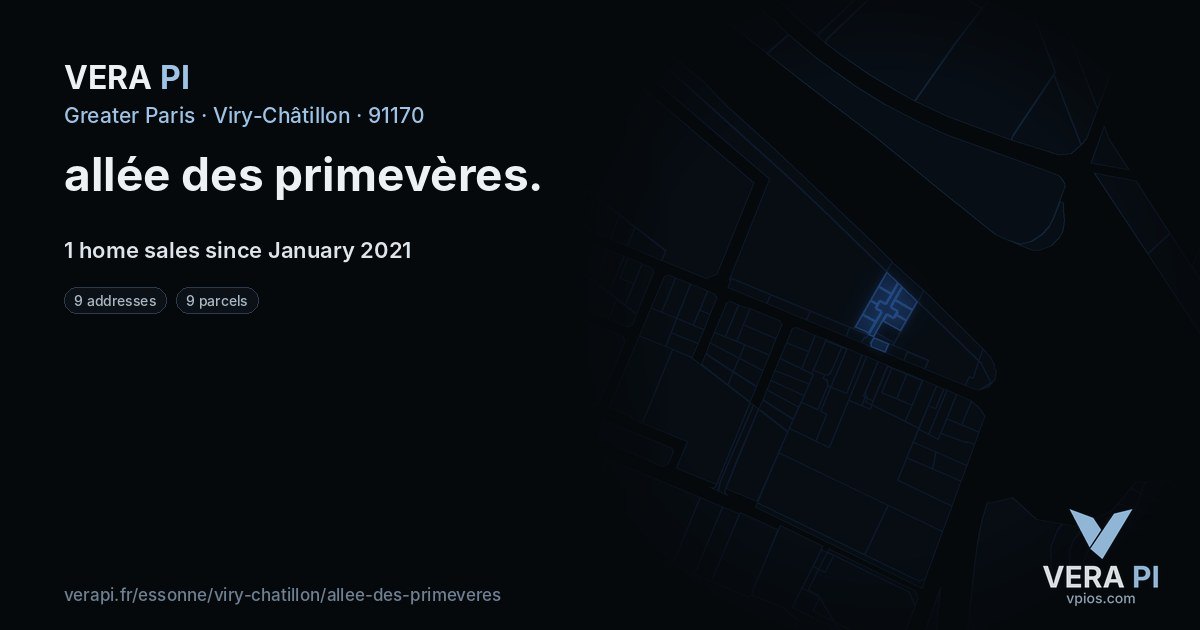 allée des primevères, Viry-Châtillon at night – every parcel coloured by the prices around it, the street's own parcels lit