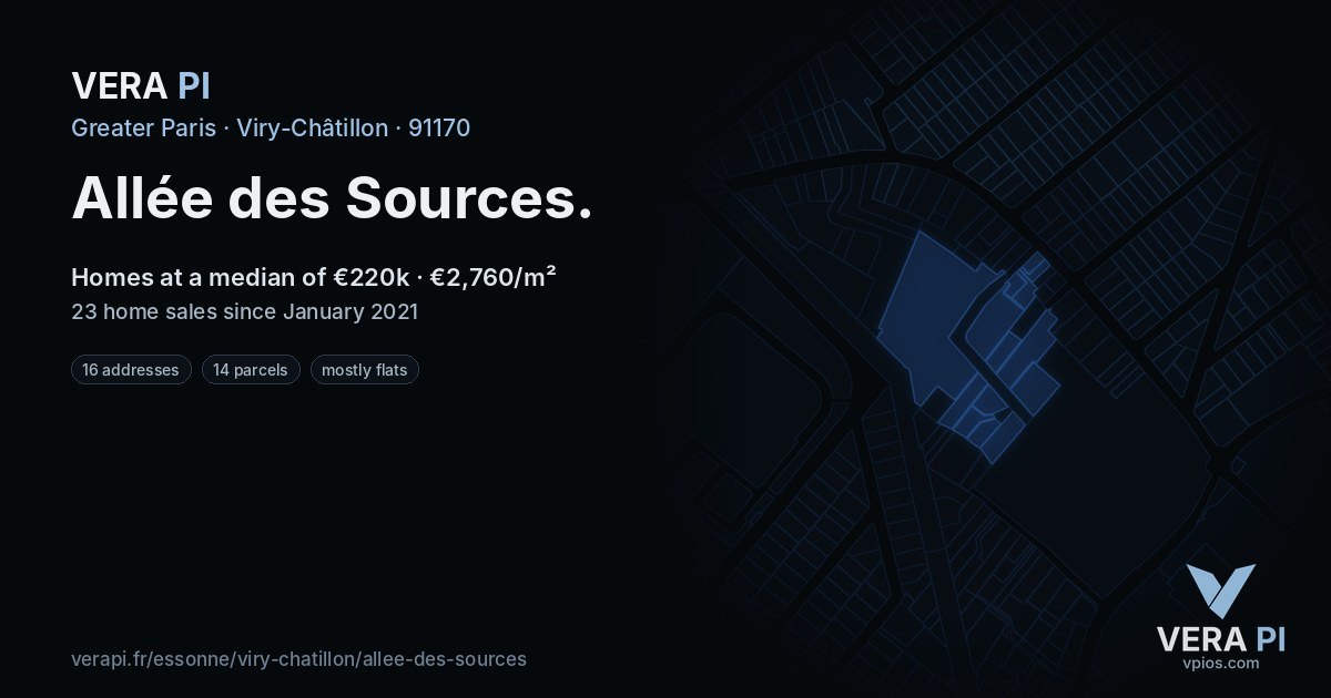 Allée des Sources, Viry-Châtillon at night – every parcel coloured by the prices around it, the street's own parcels lit