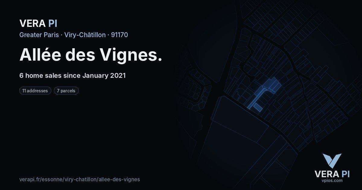 Allée des Vignes, Viry-Châtillon at night – every parcel coloured by the prices around it, the street's own parcels lit