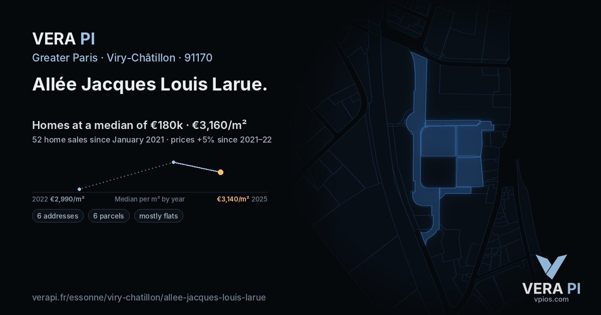 Allée Jacques Louis Larue, Viry-Châtillon at night – every parcel coloured by the prices around it, the street's own parcels lit