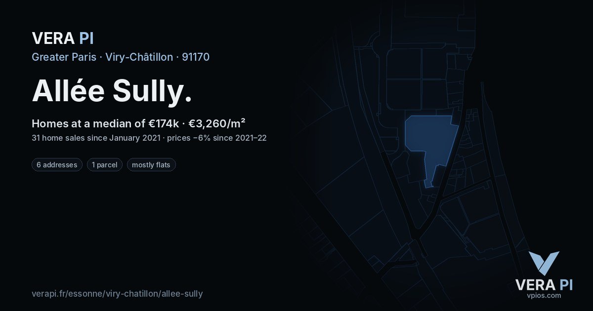 Allée Sully, Viry-Châtillon at night – every parcel coloured by the prices around it, the street's own parcels lit