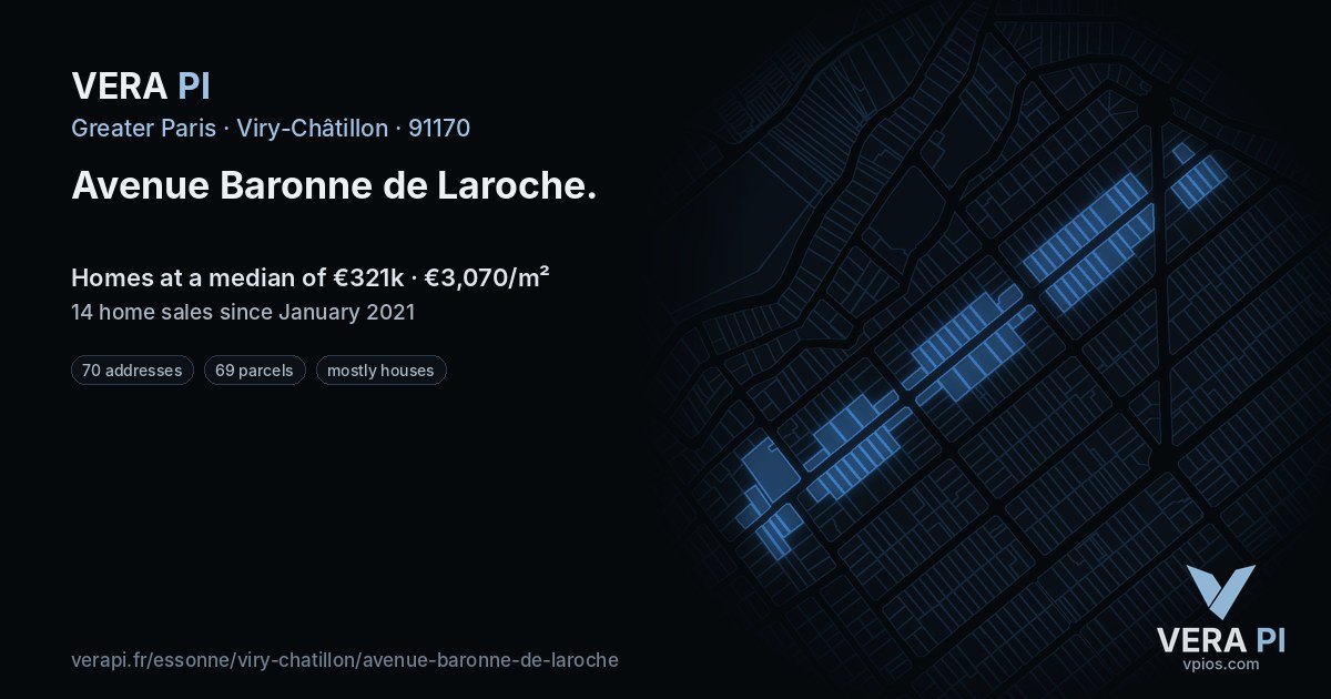 Avenue Baronne de Laroche, Viry-Châtillon at night – every parcel coloured by the prices around it, the street's own parcels lit