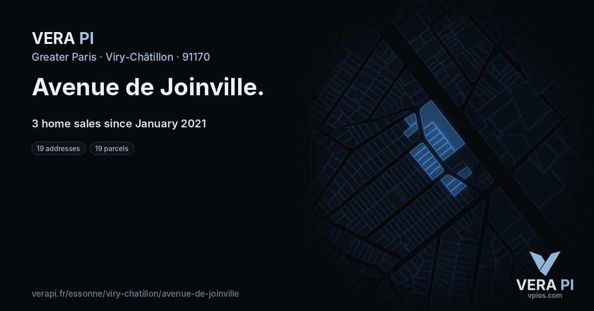 Avenue de Joinville, Viry-Châtillon at night – every parcel coloured by the prices around it, the street's own parcels lit
