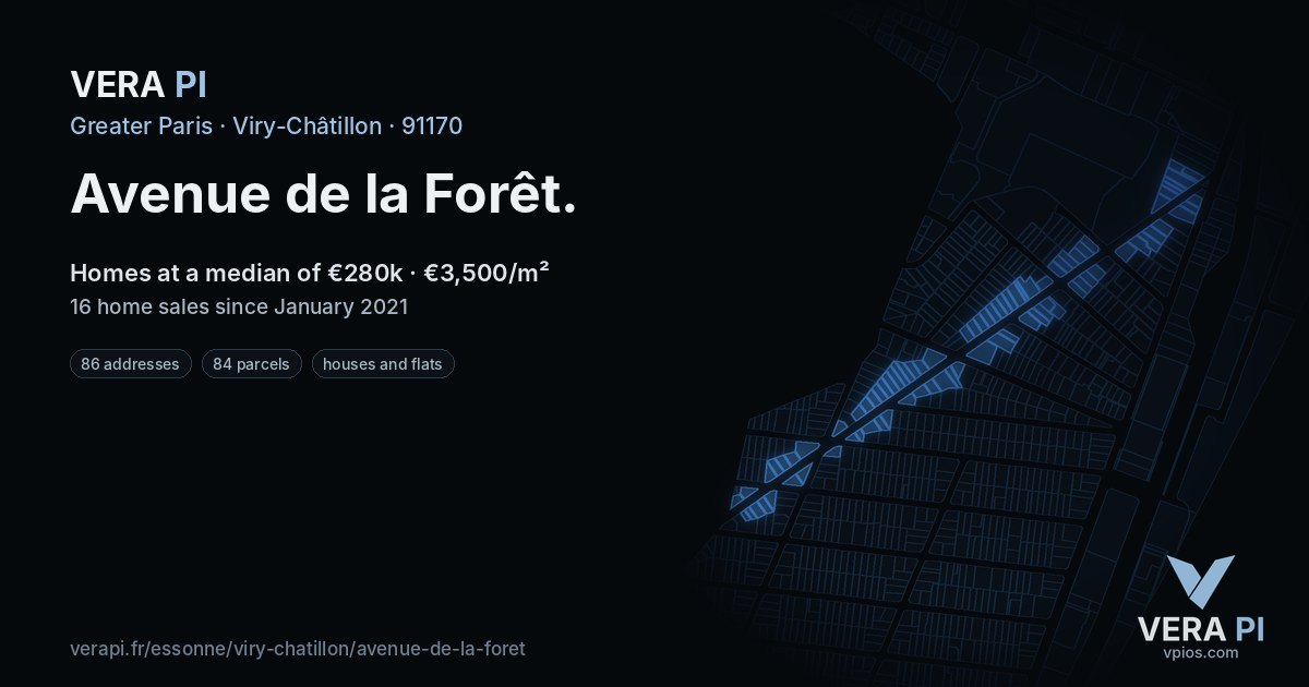 Avenue de la Forêt, Viry-Châtillon at night – every parcel coloured by the prices around it, the street's own parcels lit