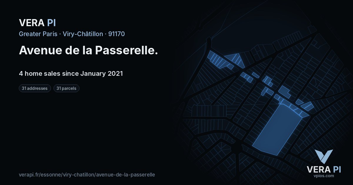 Avenue de la Passerelle, Viry-Châtillon at night – every parcel coloured by the prices around it, the street's own parcels lit