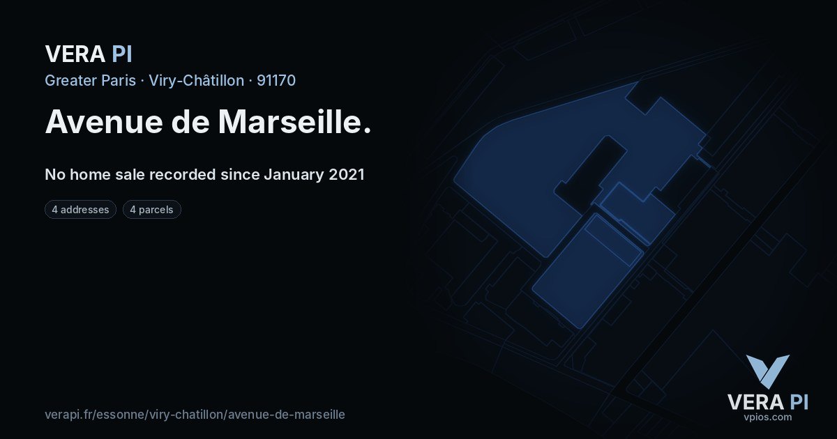 Avenue de Marseille, Viry-Châtillon at night – every parcel coloured by the prices around it, the street's own parcels lit