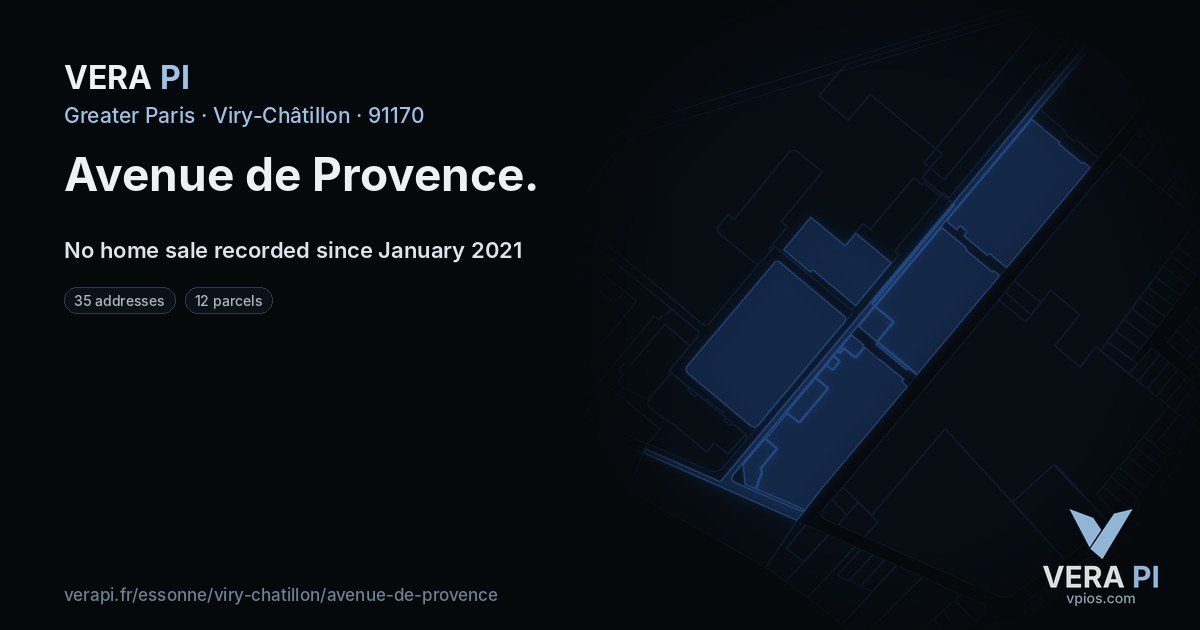Avenue de Provence, Viry-Châtillon at night – every parcel coloured by the prices around it, the street's own parcels lit