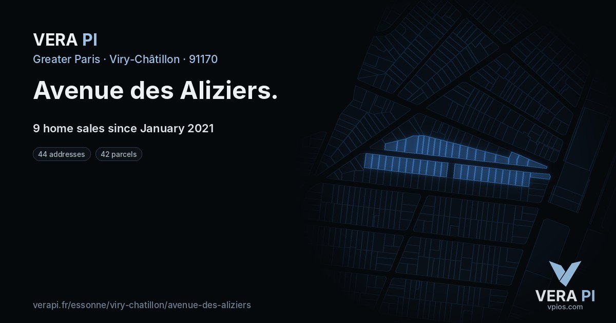 Avenue des Aliziers, Viry-Châtillon at night – every parcel coloured by the prices around it, the street's own parcels lit