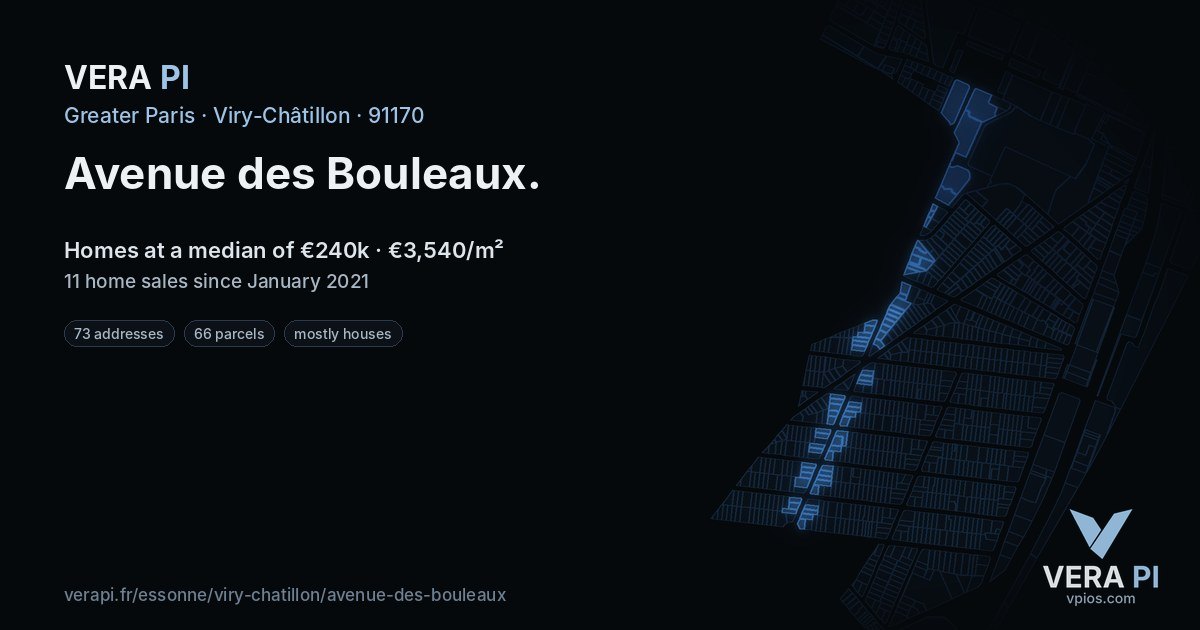 Avenue des Bouleaux, Viry-Châtillon at night – every parcel coloured by the prices around it, the street's own parcels lit