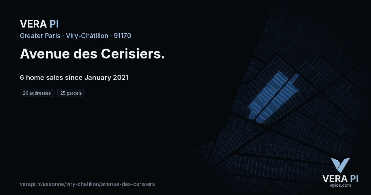 Avenue des Cerisiers, Viry-Châtillon at night – every parcel coloured by the prices around it, the street's own parcels lit