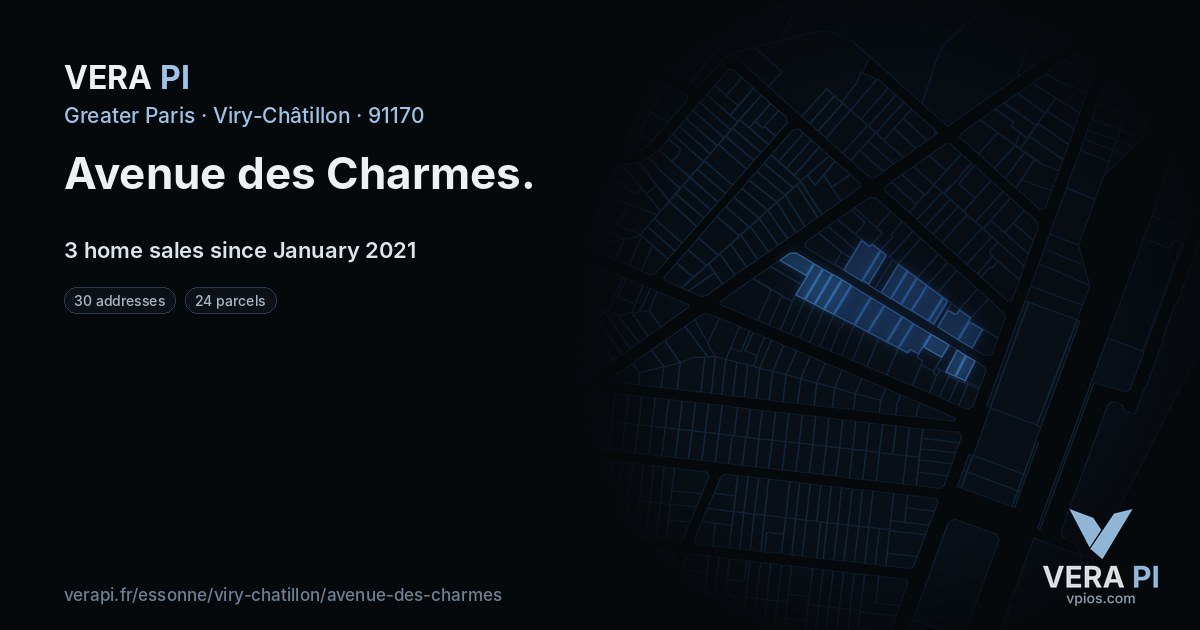 Avenue des Charmes, Viry-Châtillon at night – every parcel coloured by the prices around it, the street's own parcels lit