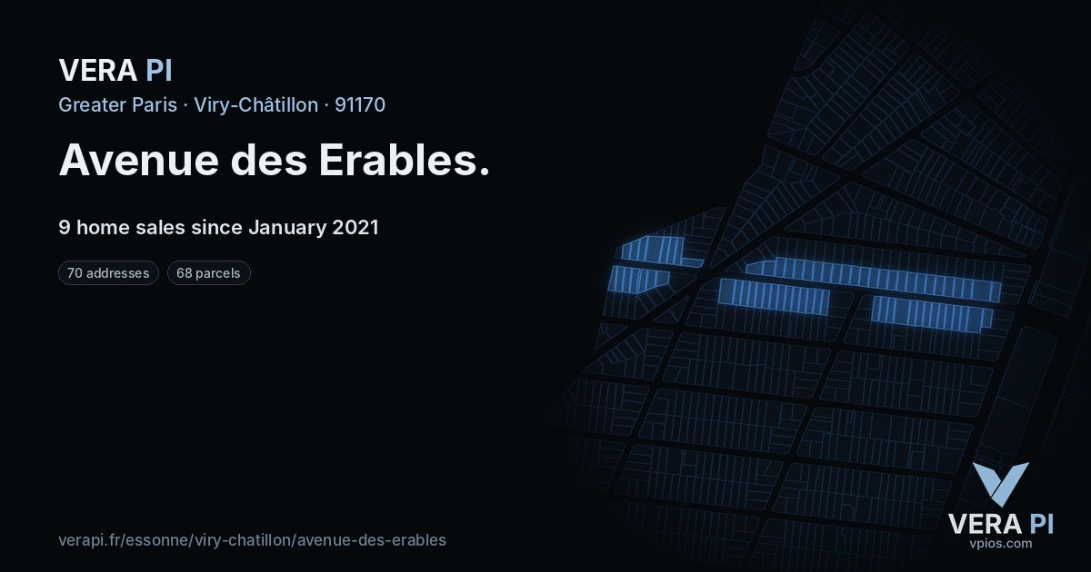 Avenue des Erables, Viry-Châtillon at night – every parcel coloured by the prices around it, the street's own parcels lit