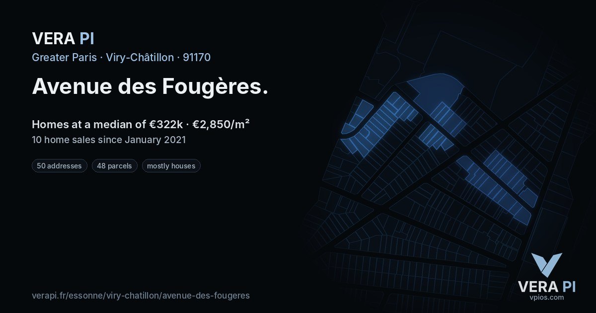 Avenue des Fougères, Viry-Châtillon at night – every parcel coloured by the prices around it, the street's own parcels lit
