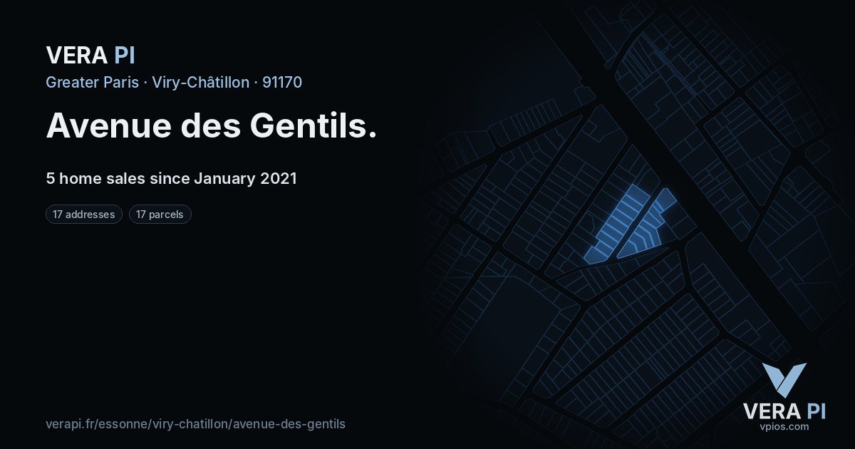 Avenue des Gentils, Viry-Châtillon at night – every parcel coloured by the prices around it, the street's own parcels lit