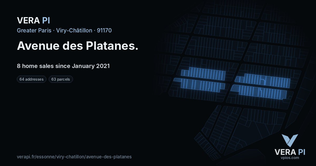 Avenue des Platanes, Viry-Châtillon at night – every parcel coloured by the prices around it, the street's own parcels lit