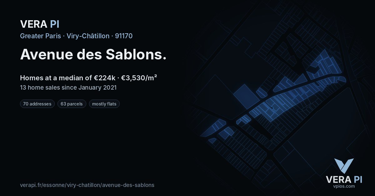 Avenue des Sablons, Viry-Châtillon at night – every parcel coloured by the prices around it, the street's own parcels lit