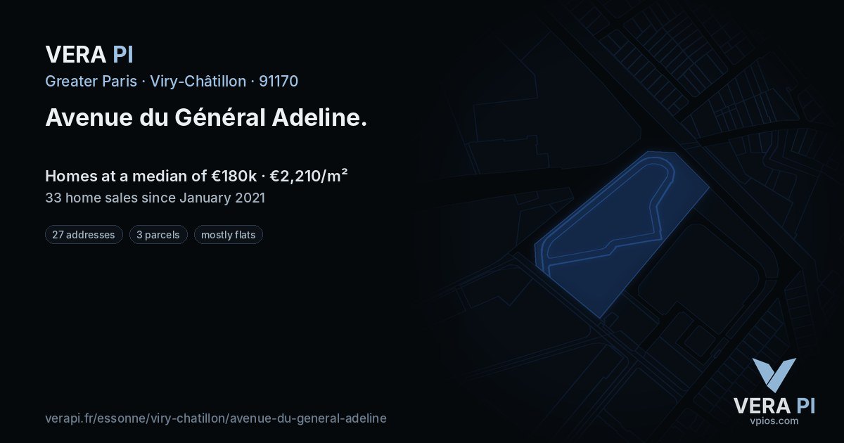 Avenue du Général Adeline, Viry-Châtillon at night – every parcel coloured by the prices around it, the street's own parcels lit