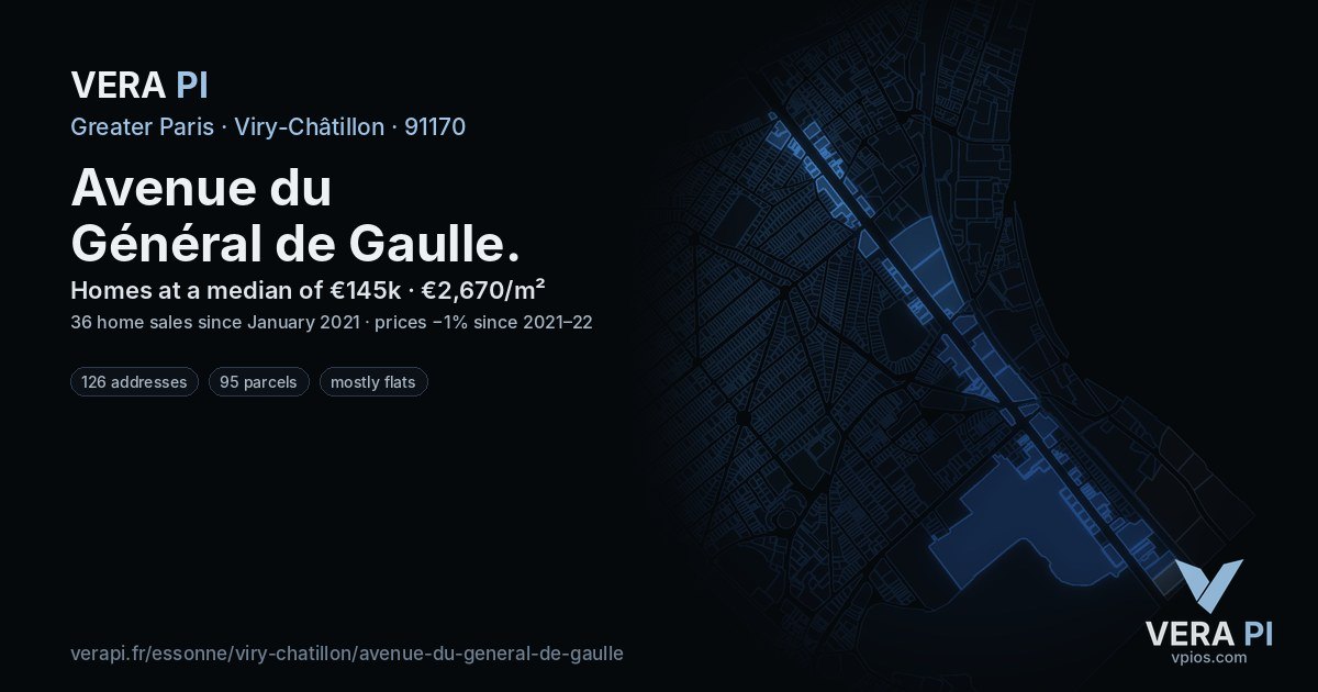 Avenue du Général de Gaulle, Viry-Châtillon at night – every parcel coloured by the prices around it, the street's own parcels lit