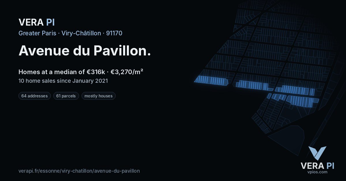 Avenue du Pavillon, Viry-Châtillon at night – every parcel coloured by the prices around it, the street's own parcels lit