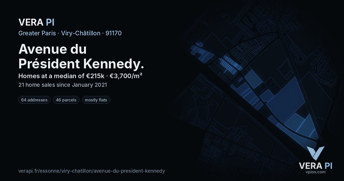 Avenue du Président Kennedy, Viry-Châtillon at night – every parcel coloured by the prices around it, the street's own parcels lit
