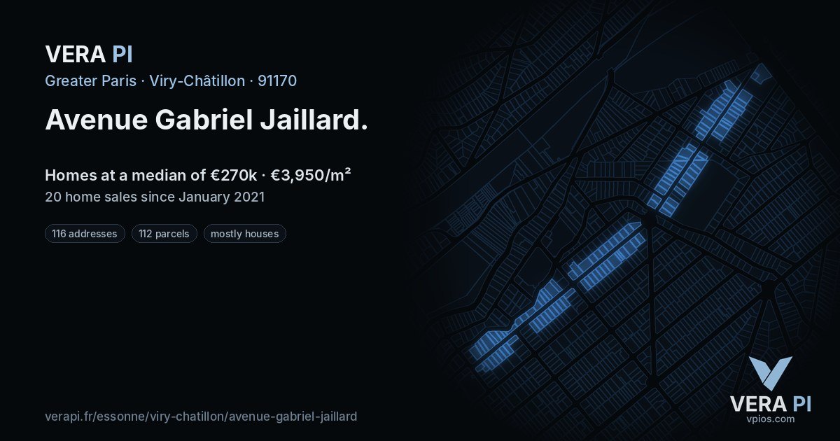 Avenue Gabriel Jaillard, Viry-Châtillon at night – every parcel coloured by the prices around it, the street's own parcels lit